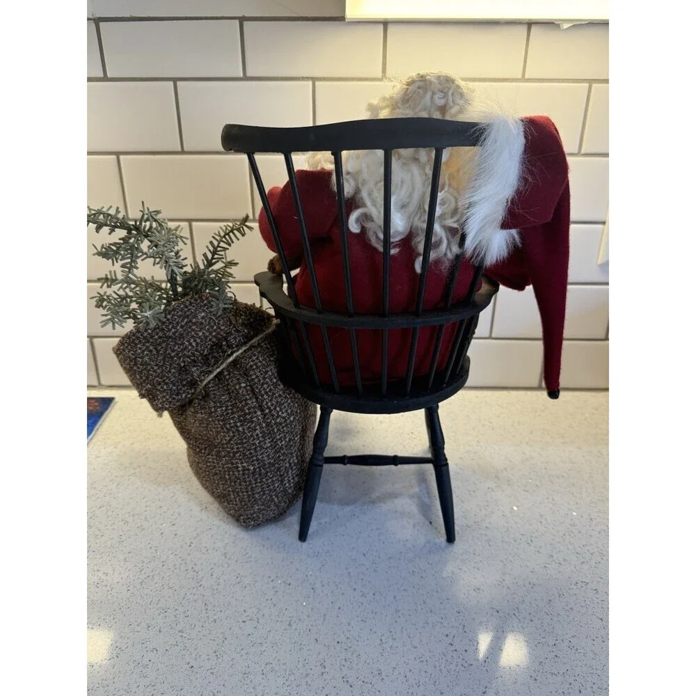 Santa Sitting In Wooden Chair Teddy Bear And Bag Decor Figurine 15
